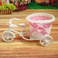 玩具化妆品盒子篮藤编小三轮车拍摄道具背景创意精品自行车装饰品 圆形三轮车[粉色]