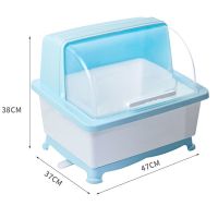 厨房带盖双层碗筷沥水架收纳箱大号放碗盘筷勺置物架翻盖漏水碗柜 单层透明门碗架普通款[蓝色] [厨房家用碗筷收纳神器]