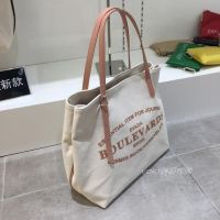 韩国代购EVADA帆布单肩女包手提布包字母休闲包包大容量出行包新 米色印粉色字(袋口拉链款)