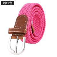 百搭牛仔裤皮带女无需打孔帆布腰带女士编织松紧弹性学生装饰裤带 粉色 100cm