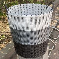 塑料仿藤编装放脏衣服收纳筐脏衣篮洗衣篓玩具箱手提篮家用桶折叠 高34CM加粗管棕灰白-