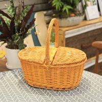 柳编竹编藤编手提篮带盖大号户外野餐篮购物篮菜篮子采摘篮收纳篮 蜜糖色40*30