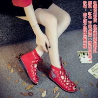 夏季串绳鱼嘴女凉鞋百搭古风平底绣花鞋民族风布鞋夏靴轻便防滑底 串带鱼嘴红色 34