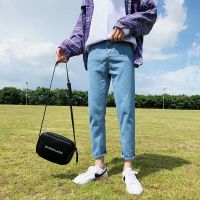 夏季新款牛仔裤男潮流宽松直筒薄款日系阔腿裤子男学生韩版九分裤 52浅蓝 S 建议75-95斤左右