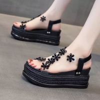 水钻时装凉鞋新款外穿夏季百搭仙女风温柔厚底增高7cm坡跟松糕鞋 黑色 35