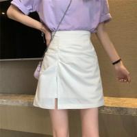 春夏休闲显瘦半身裙女2021新款韩版开叉皱褶A字短裙高腰包臀裙子 白色 (有安全裤内衬) S 80-94斤