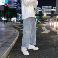 春秋日系坠感牛仔裤男潮牌宽松直筒裤胖子超大码阔腿裤休闲长裤子 KZ367浅蓝色 M 90-125斤