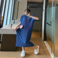 特大码300斤弹力垂感短袖过膝连衣裙胖mm宽松显瘦慵懒风长款T恤裙 深蓝色 弹力坑条长T裙 L 80-120斤