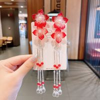 古风发饰发夹儿童超仙流苏步摇边夹头花女童头饰品古装汉服配饰 8-红色花朵[一对]