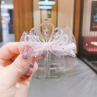 儿童发饰公主超仙蝴蝶结发夹女孩纱纱头箍飘带女童头花皇冠发饰 [短款]淡粉星星