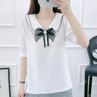 套装女夏显瘦蝴蝶结娃娃领淑女气质泡泡袖上衣+千鸟格短裤两件套 单件白上衣 S[建议80-95斤左右穿]