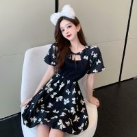 女装2021夏季新款韩版时尚撞色拼接印花蝴蝶结收腰显瘦短袖连衣裙 黑色[优质款 秒发] S[建议70-100]
