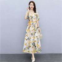 2021夏季新款复古碎花连衣裙女夏天宽松V领短袖系带大摆裙子长裙 黄色[短袖] M 建议100-115斤