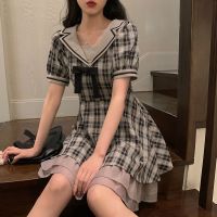 2021新款连衣裙夏装高档修身法式复古jk格裙海军领初恋裙短袖裙子 复古黑格(送蝴蝶结) XS 建议(80斤-90斤)