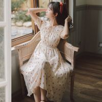 雅茹苑娃娃领小碎花连衣裙女学生收腰显瘦森女风2021夏季新款长裙 花色 (偏杏色) S 建议80-95斤