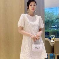 欧货新款重工轻奢烫钻2021蝴蝶结连衣裙夏小香风泡泡袖压花a字裙 白色 S 80斤-90斤