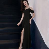 2021春秋新款长裙女时尚收腰显瘦气质蝴蝶结绑带露肩吊带连衣裙子 黑色6819 S