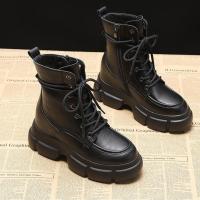 芮音百丽真软皮内增高马丁靴女小个子英伦风新款单靴潮底保暖短靴 黑色 单里 34