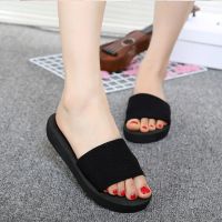 夏季凉拖鞋女式蝴蝶结拖鞋高跟一字拖防滑坡跟厚底海边外穿沙滩鞋 光版(3CM无蝴蝶结) 35 (偏小,拍大一码)