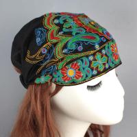 民族风发饰刺绣花棉麻布艺发带包头帽子妈妈遮白发宽头巾发箍发套 刺绣黑色