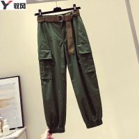 束脚工装裤女2021春秋新款女韩版宽松bf风休闲长裤高腰九分哈伦裤 1927军绿 (高品质) S
