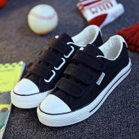 夏季魔术贴女帆布鞋厚底黑色布鞋韩版百搭女鞋平底休闲鞋学生板鞋 薄底黑色 35