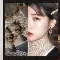 黑暗天使丨vintage巴洛克复古法式黑暗系列长款耳环925耳坠耳夹女 黑萝莉纯银一对