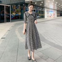 法式复古娃娃领雪纺中长裙2021夏韩版新款气质收腰显瘦大码连衣裙 黑色碎花 S 建议100斤以下