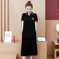 过膝polo领连衣裙2021新款大码夏装高档刺绣气质减龄中长款T恤裙 黑色 短袖 M 建议90-105斤