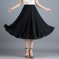 雪纺裙子2021夏季过膝高腰百搭大摆中长款A字黑色胖M大码显瘦裙女 黑色 M 100斤以内