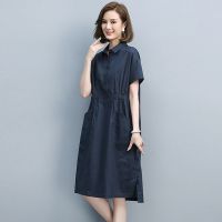 棉麻连衣裙中长款2021夏季新款高端亚麻气质宽松减龄大码女装长裙 藏青色 M 建议90-110斤