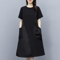 撞色棉麻连衣裙2021夏季新款女装中长款洋气减龄大码宽松显瘦裙子 黑色边裙 L [建议::90-105斤]