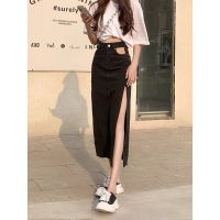 时尚高腰大码侧开叉牛仔半身裙女夏季2021新款韩版显瘦a字牛仔裙 黑灰色 S [建议80-95斤]