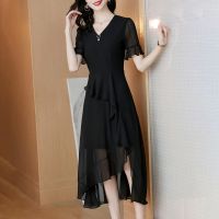 台湾纱雪纺连衣裙2021新款夏季气质赫本风大码女装胖MM显瘦中长款 黑色 M [推荐85-100]