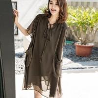 大码女装2020夏季新款宽松中长款胖mm遮肉连衣裙女加肥加大码女装 卡其色 L 建议[90-120]