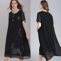 高档雪纺连衣裙加肥加大码胖MM200斤遮肚显瘦裙子过膝洋气中长裙 黑色[水仙] L 建议105-120斤穿