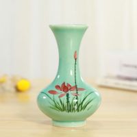 青瓷手绘陶瓷花瓶家居摆件创意复古花插桌面装饰工艺品水培干花 富贵瓶荷花