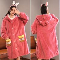 情侣睡衣女秋冬珊瑚绒睡袍家居服可爱浴袍女冬睡衣男连帽家居套装 红色小熊睡袍 S