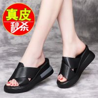 真皮软牛皮坡跟女拖鞋2021夏季新款高跟厚底女鞋松糕底时尚凉鞋女 T525黑色 拖鞋 35