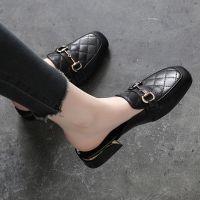 真软皮2021凉鞋中跟包头半拖鞋女平跟外穿时尚穆勒低跟粗跟凉拖 黑色 34