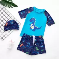 儿童泳衣男童连体小中大童游泳衣宝宝婴幼潜水服套装游泳装备 [分体]蓝色小恐龙(带泳帽) M(建议80-95cm)