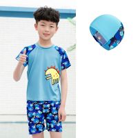儿童泳衣男童泳衣套装男孩分体连体速干游泳衣中大童宝宝沙滩泳装 蓝恐龙(泳衣+泳裤+泳帽) M码90-105cm25-35