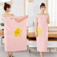 新款夏天浴巾女吸水不掉毛韩版可爱裹胸成人可穿加大加厚毛巾浴袍 口袋款---翠粉色 M(80-105斤)