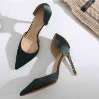 2021春夏新款凉鞋女绿色绸缎尖头中空高跟鞋细跟大码性感气质单鞋 墨绿色6公分 34