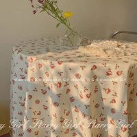 ins奶黄色碎花桌布咖啡店餐厅桌垫田园风学生野餐布背景拍照道具 奶黄红花桌布 100*160cm