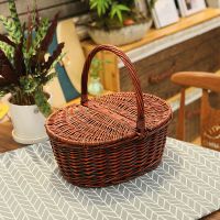藤编柳编竹篮购物篮小手提篮野餐篮子收纳筐编织水果篮田园带盖 棕色仿古色40*30
