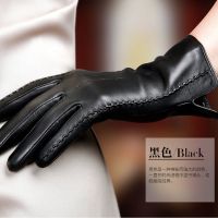 真皮手套女士冬加厚加绒短款开车骑车韩版海宁羊皮手套触屏礼盒装 黑色丝里 S
