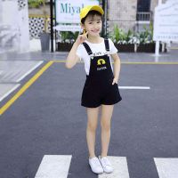 童装女童背带裤套装夏装韩版两件套中大童女孩学生T恤衫背带短裤 黑色(两件套装) 110(建议身高1米左右)