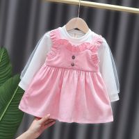 2021春秋新款女宝宝韩版洋气泡泡袖婴幼儿假两件连衣裙中长款裙子 NN春悦 粉色 73