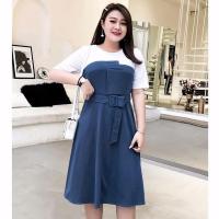 特大码女装200斤裙子胖mm2020款胖妹妹夏装很仙的遮肚连衣裙 减龄 白蓝色[好面料] L [100-110斤]